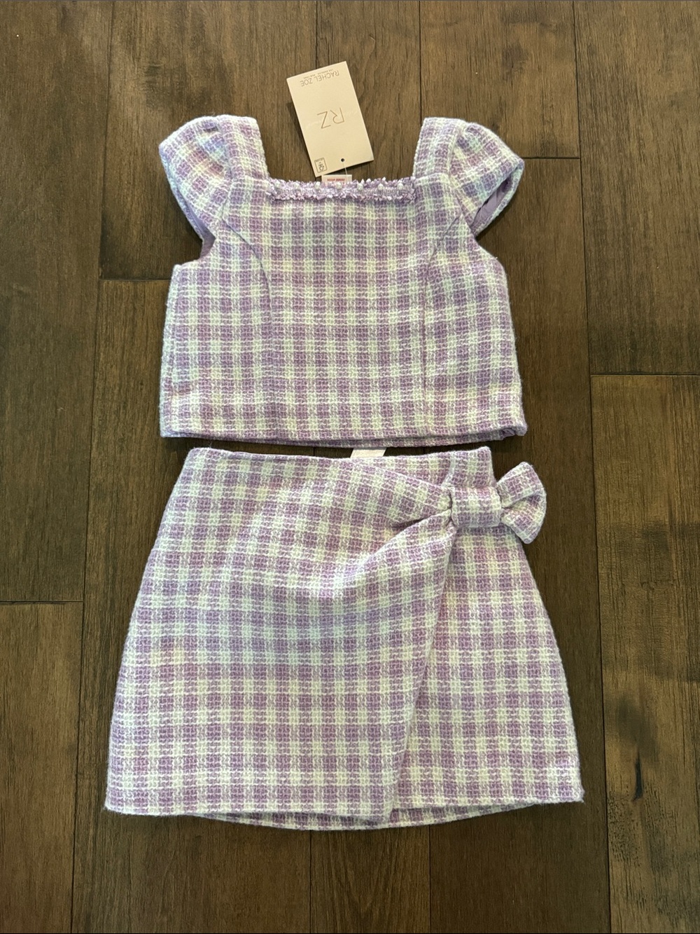 Lilac Plaid Two-Piece Tweed Top and Skirt Set